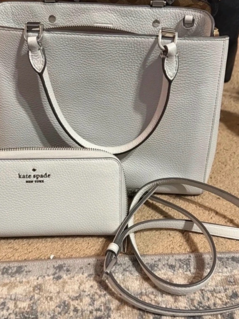 Kate Spade Greyish White Pebbled Leather Tote with Matching Wallet